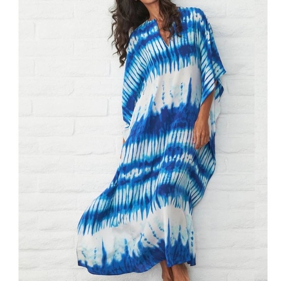 Tie Dye Caftan Beach Swim Coverup Maxi Dress - Picture 14 of 15